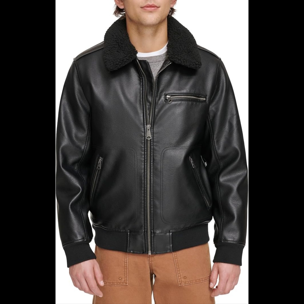 Levi's Faux Leather Aviator Bomber Jacket Removable Sherpa Collar